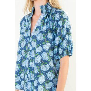 NWT 100% Cotton THML Boutique Hydrangea Spring Floral Blouse Blue